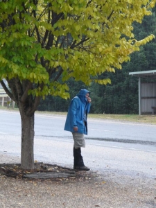 Pete waiting in the rain for a hitch back to the car. - P1070689.JPG